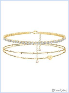 14K Gold Plated Initial Bracelet Set Tennis Dainty Heart Layered Adjustable